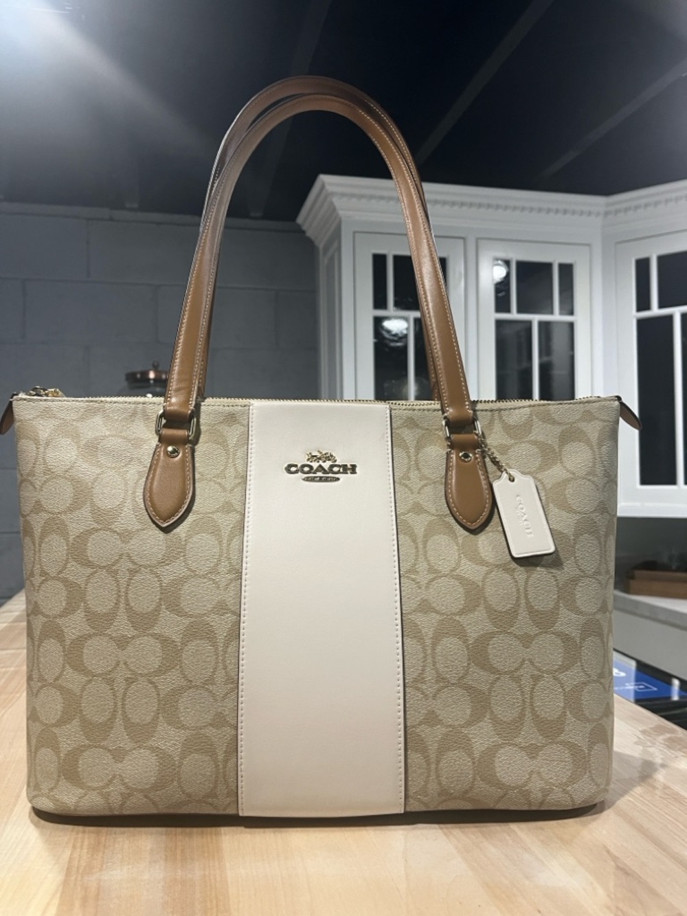 Coach tote 👜Beige Signature Canvas Tote with Chalk Center Stripe and Tan Handles